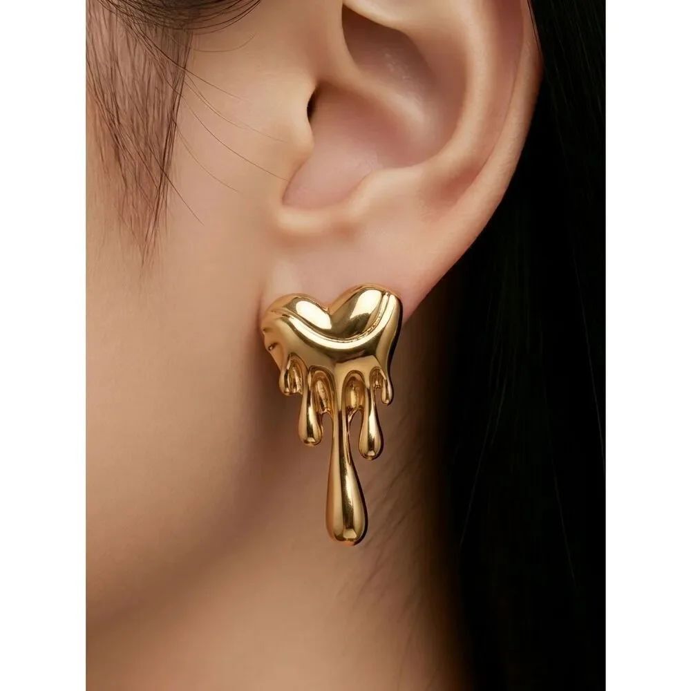 Gold Dripping Heart Stud Earrings Y2K Bleeding Heart Valentine Stainless Steel